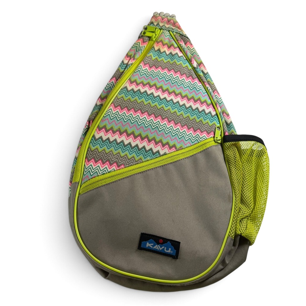 KAVU Rope Sling Bag Grey Chevron Canvas Crossbody Backpack Neon Accents